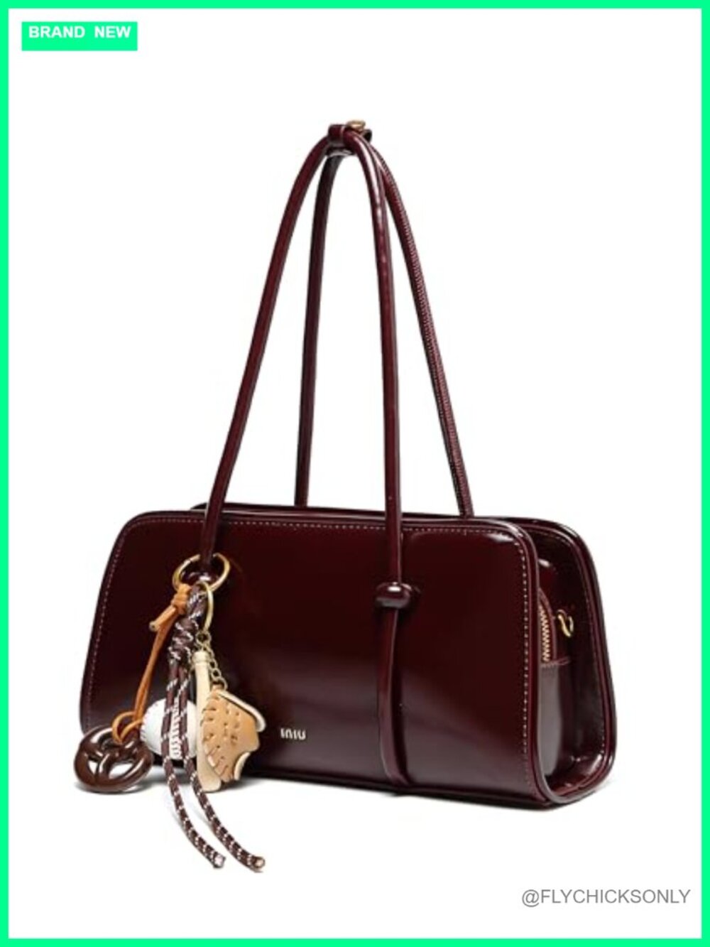 Glossy Faux Leather Top Handle Satchel with Baseball Charm